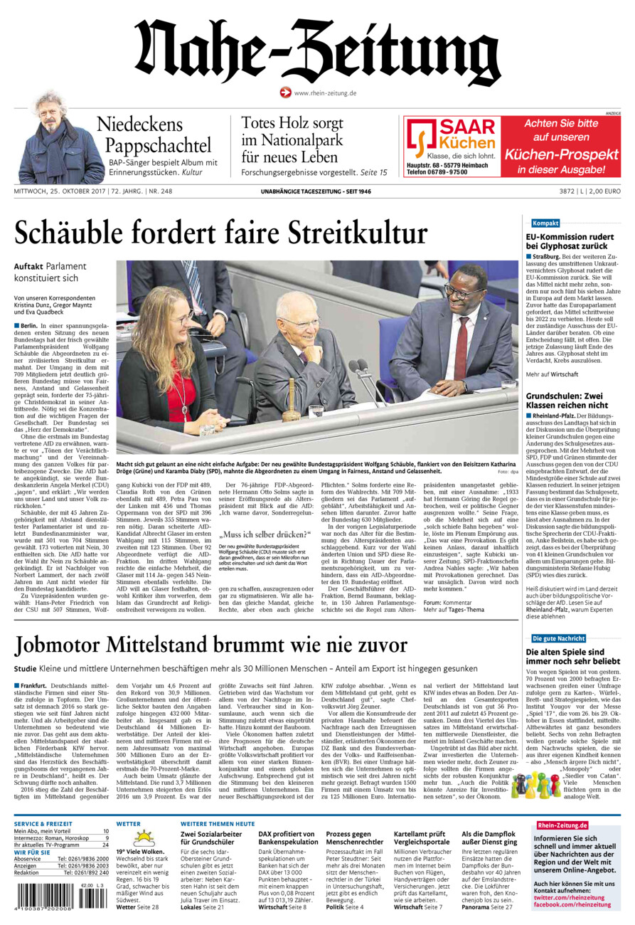 Nahe-Zeitung vom Mittwoch, 25.10.2017