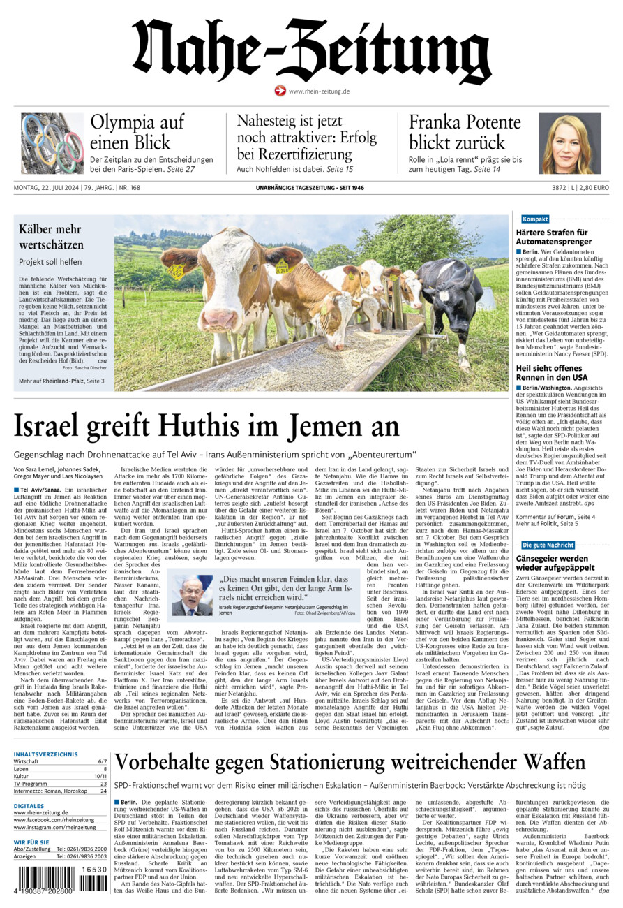 Nahe-Zeitung vom Montag, 22.07.2024