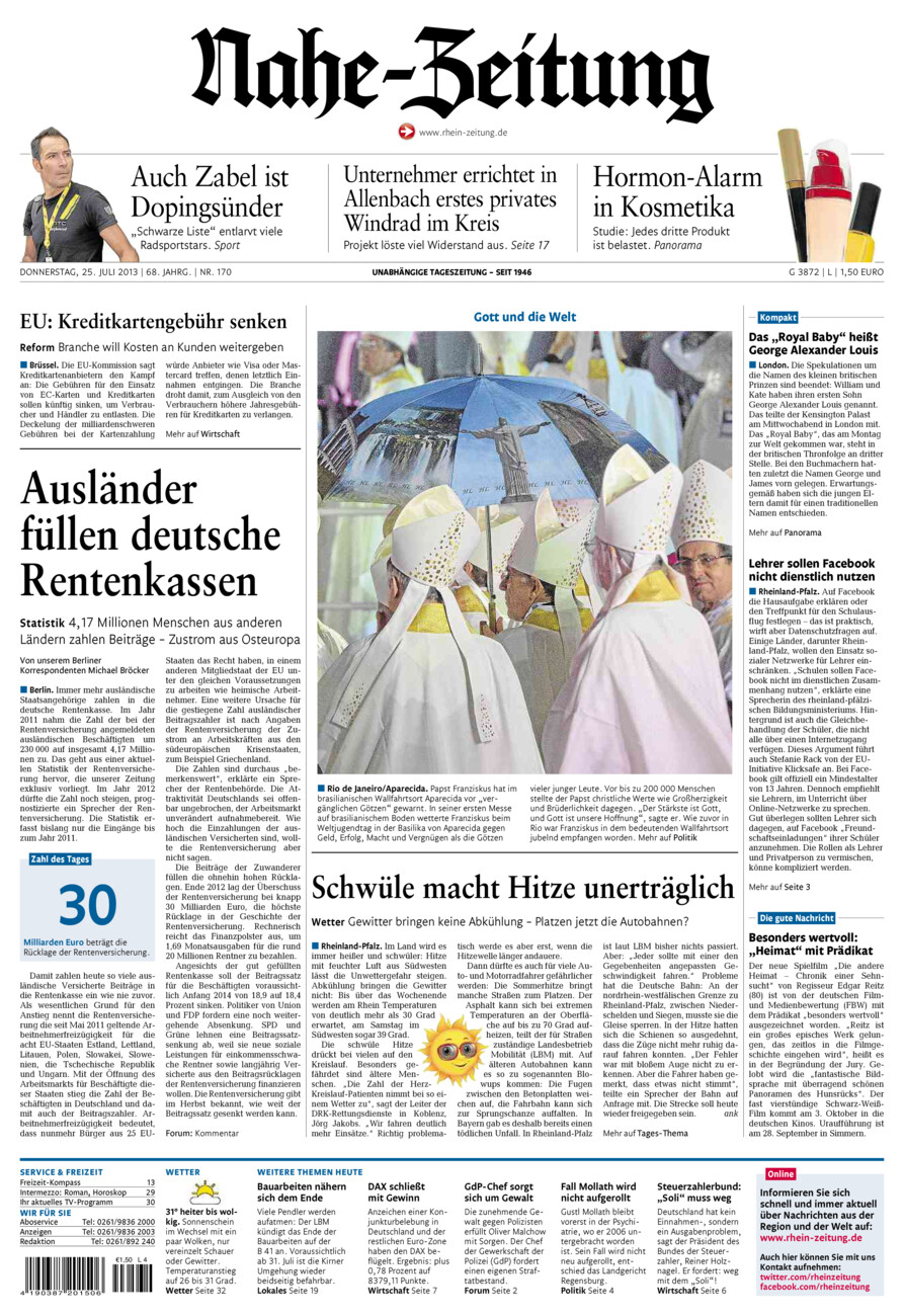 Nahe-Zeitung vom Donnerstag, 25.07.2013