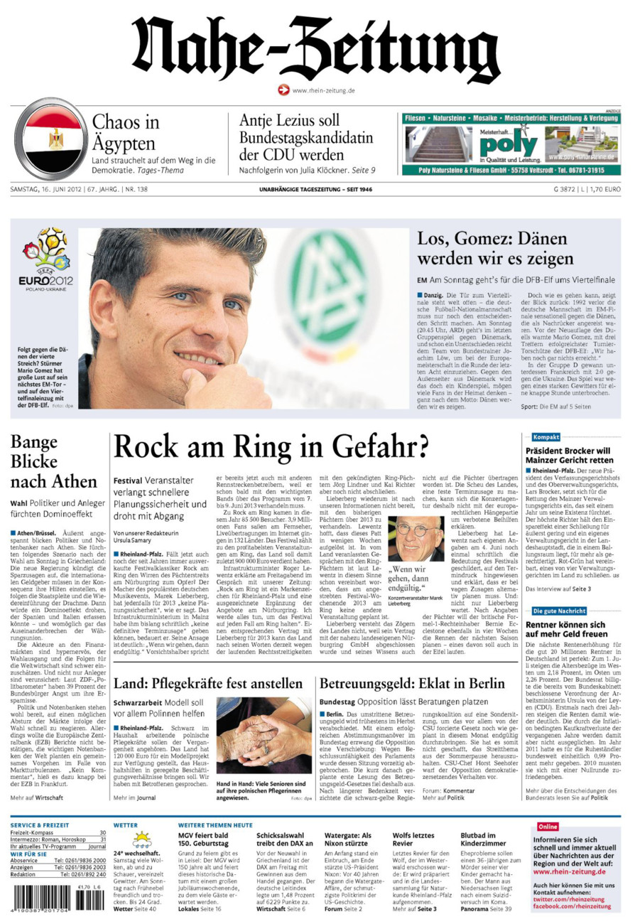 Nahe-Zeitung vom Samstag, 16.06.2012