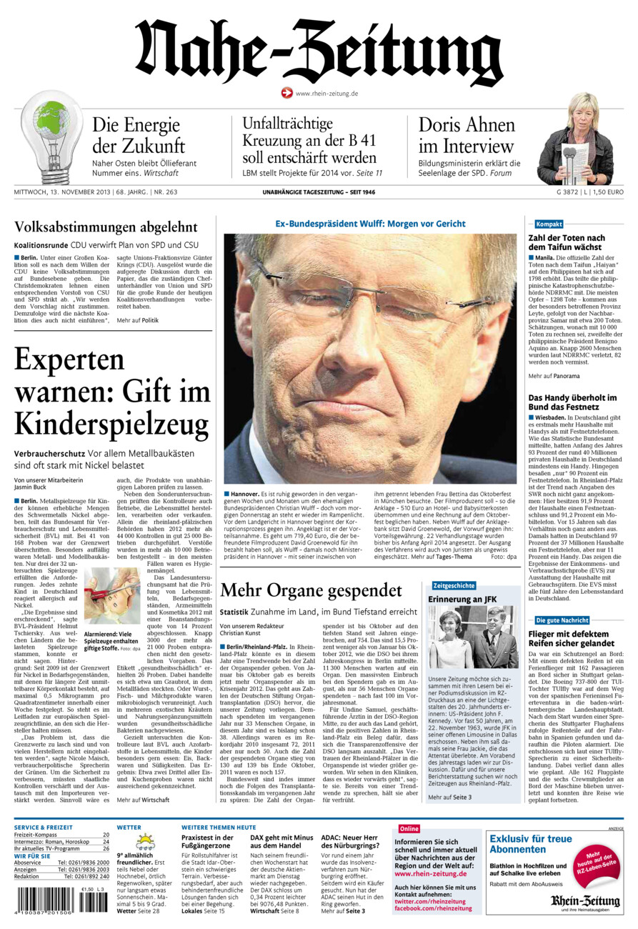 Nahe-Zeitung vom Mittwoch, 13.11.2013