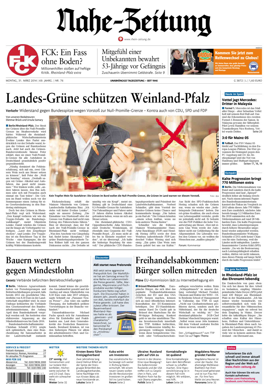Nahe-Zeitung vom Montag, 31.03.2014
