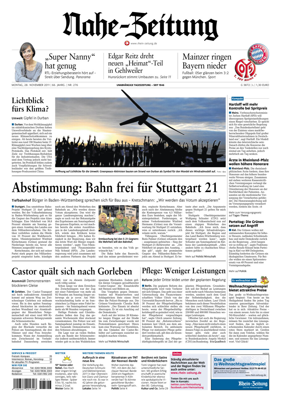 Nahe-Zeitung vom Montag, 28.11.2011