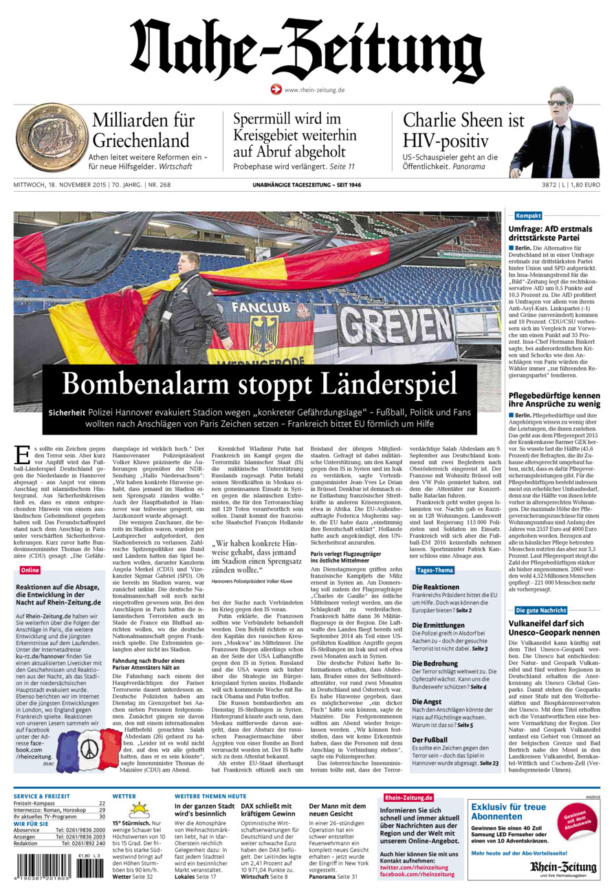 Nahe-Zeitung vom Mittwoch, 18.11.2015