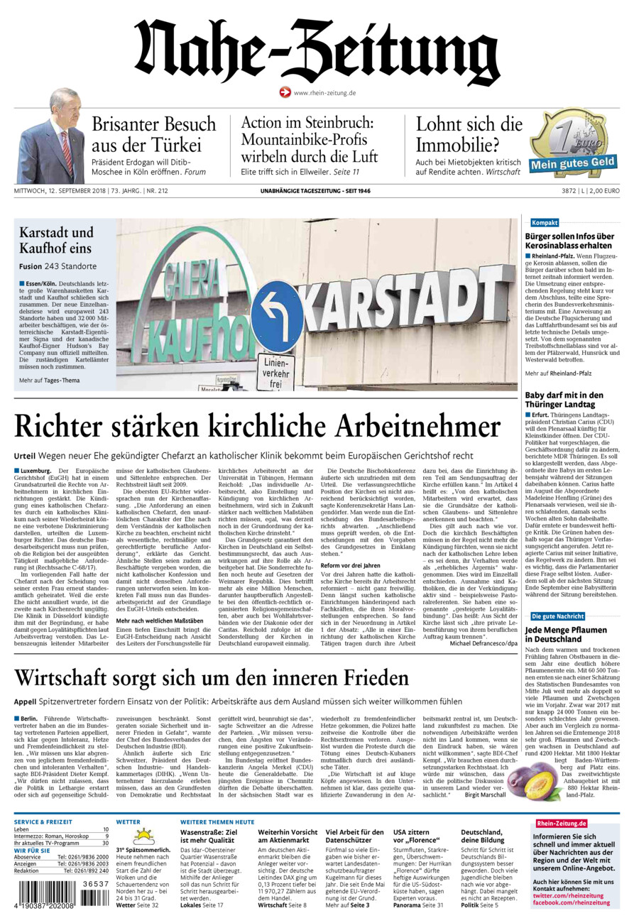 Nahe-Zeitung vom Mittwoch, 12.09.2018