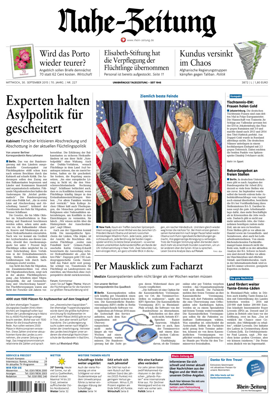 Nahe-Zeitung vom Mittwoch, 30.09.2015