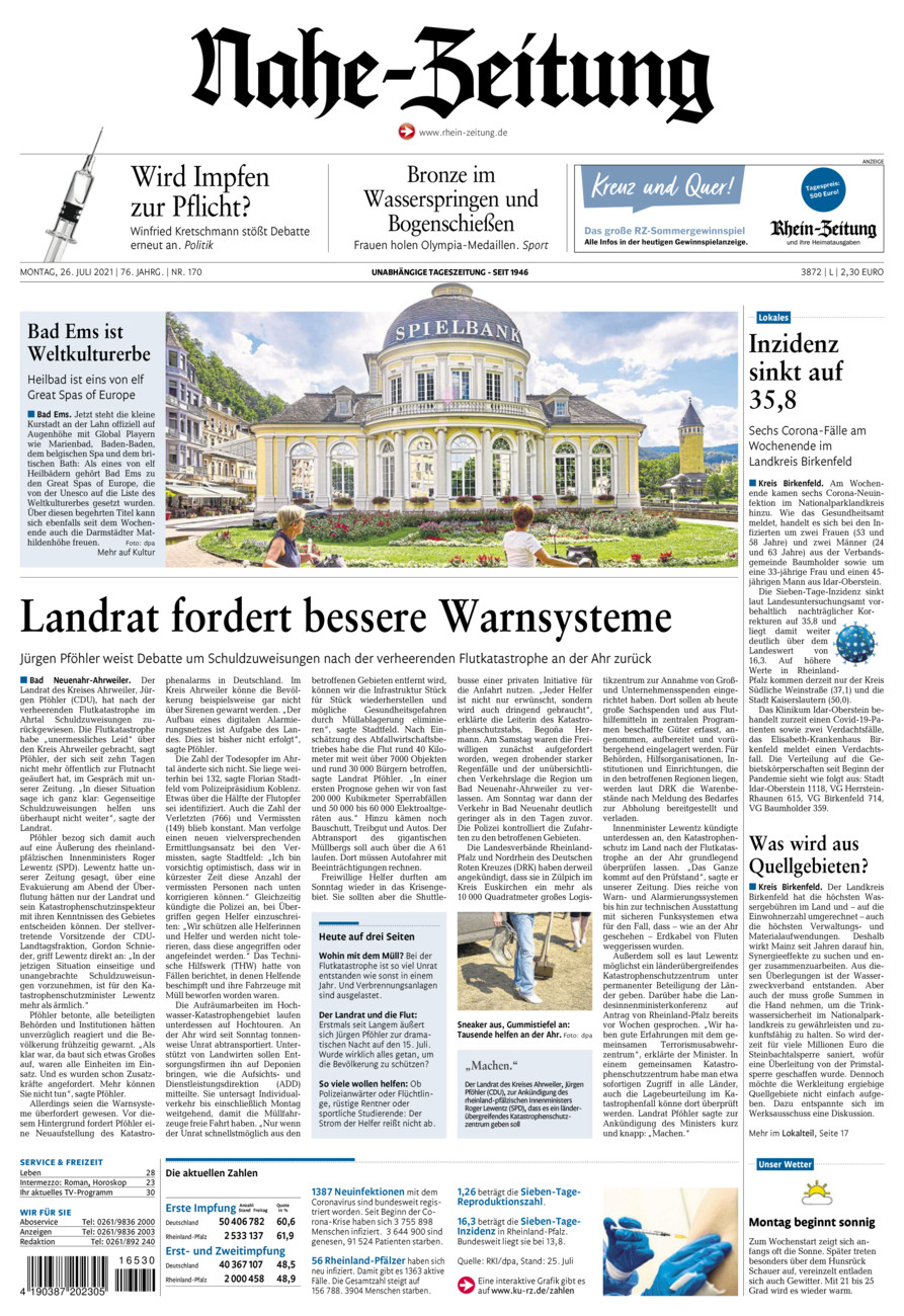 Nahe-Zeitung vom Montag, 26.07.2021