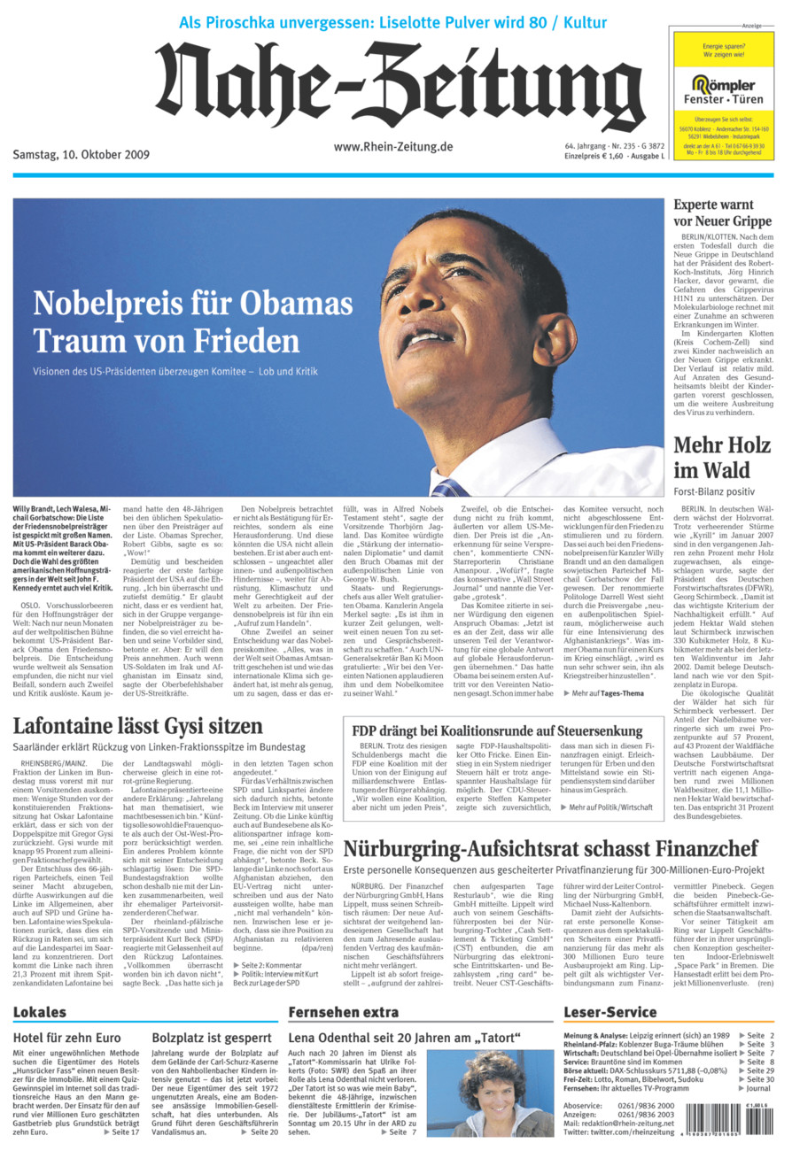 Nahe-Zeitung vom Samstag, 10.10.2009