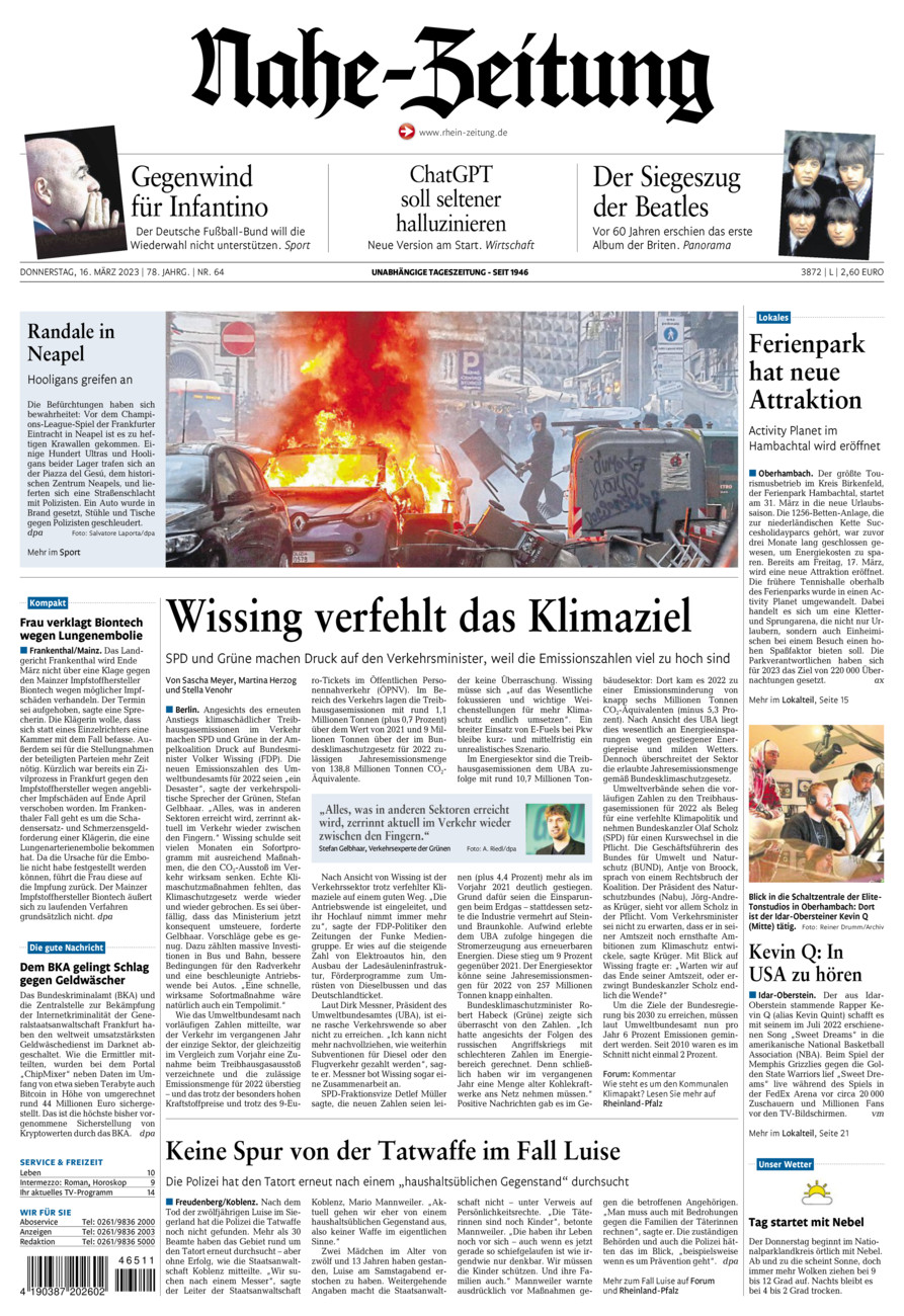 Nahe-Zeitung vom Donnerstag, 16.03.2023