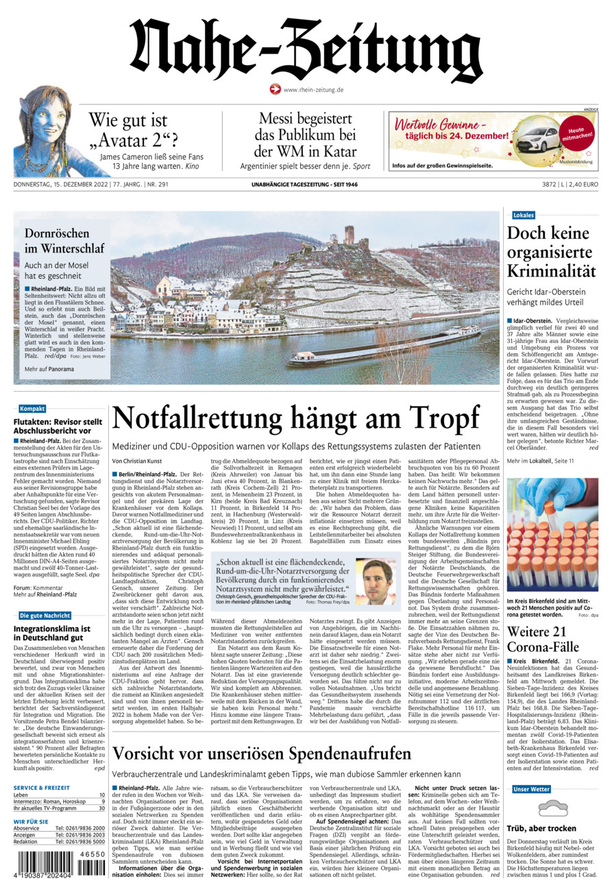 Nahe-Zeitung vom Donnerstag, 15.12.2022