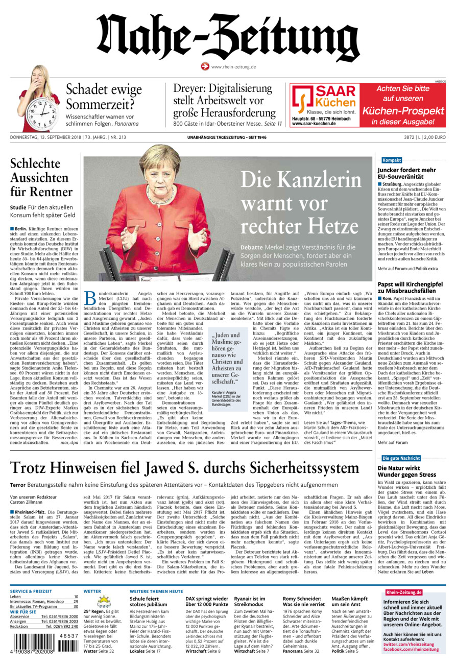 Nahe-Zeitung vom Donnerstag, 13.09.2018
