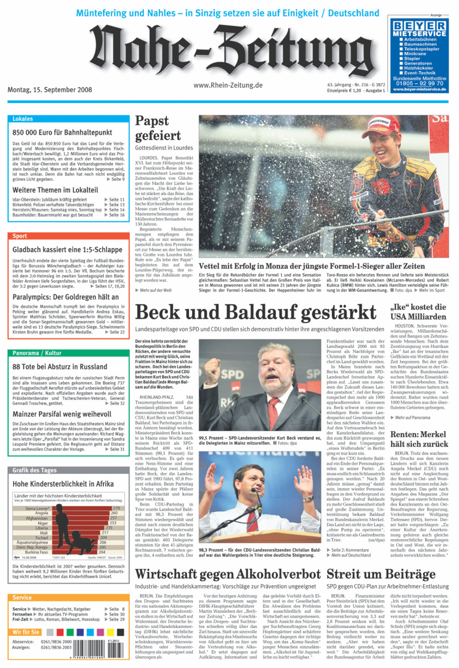 Nahe-Zeitung vom Montag, 15.09.2008