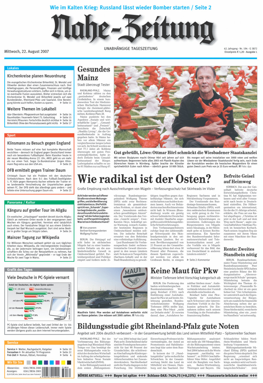 Nahe-Zeitung vom Mittwoch, 22.08.2007