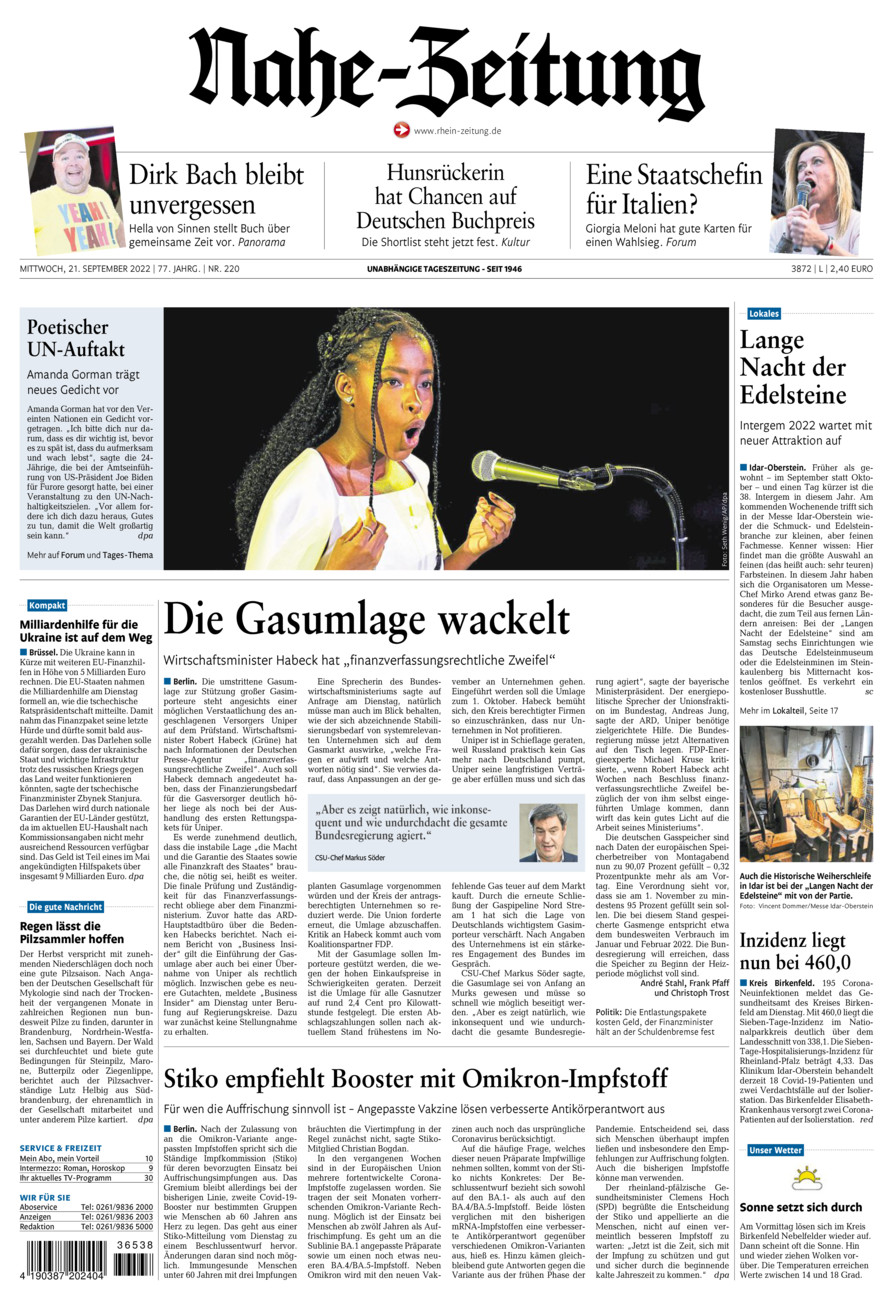 Nahe-Zeitung vom Mittwoch, 21.09.2022