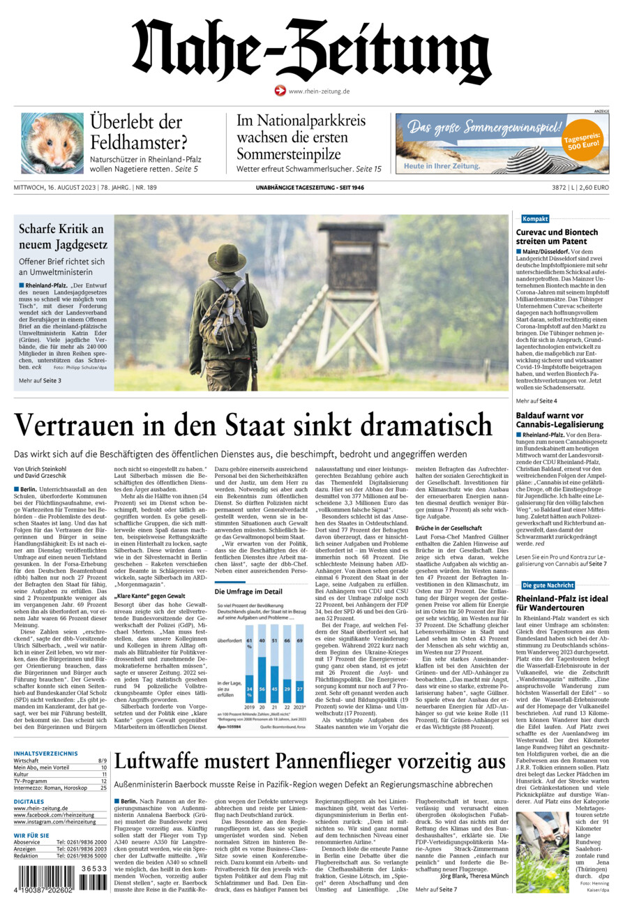 Nahe-Zeitung vom Mittwoch, 16.08.2023