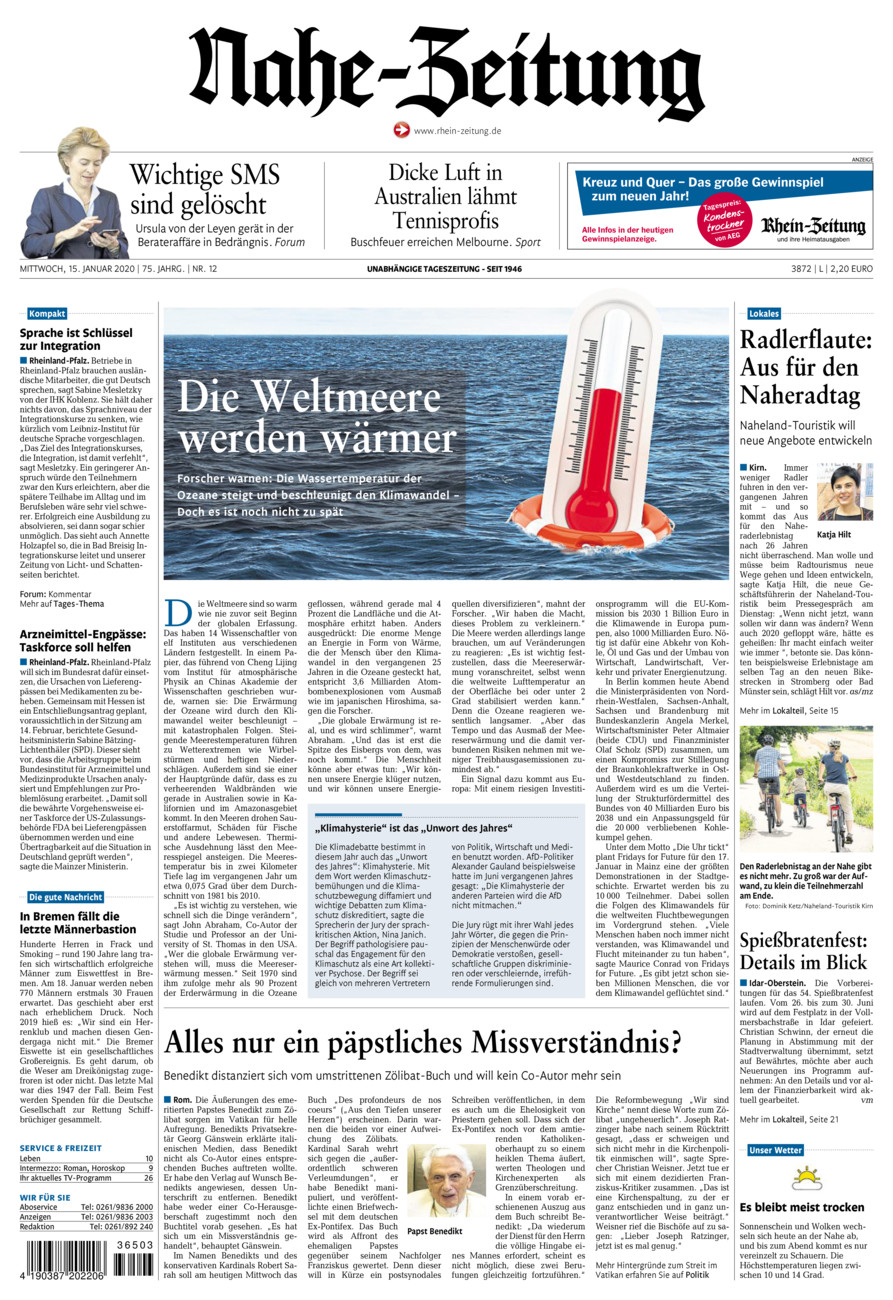 Nahe-Zeitung vom Mittwoch, 15.01.2020