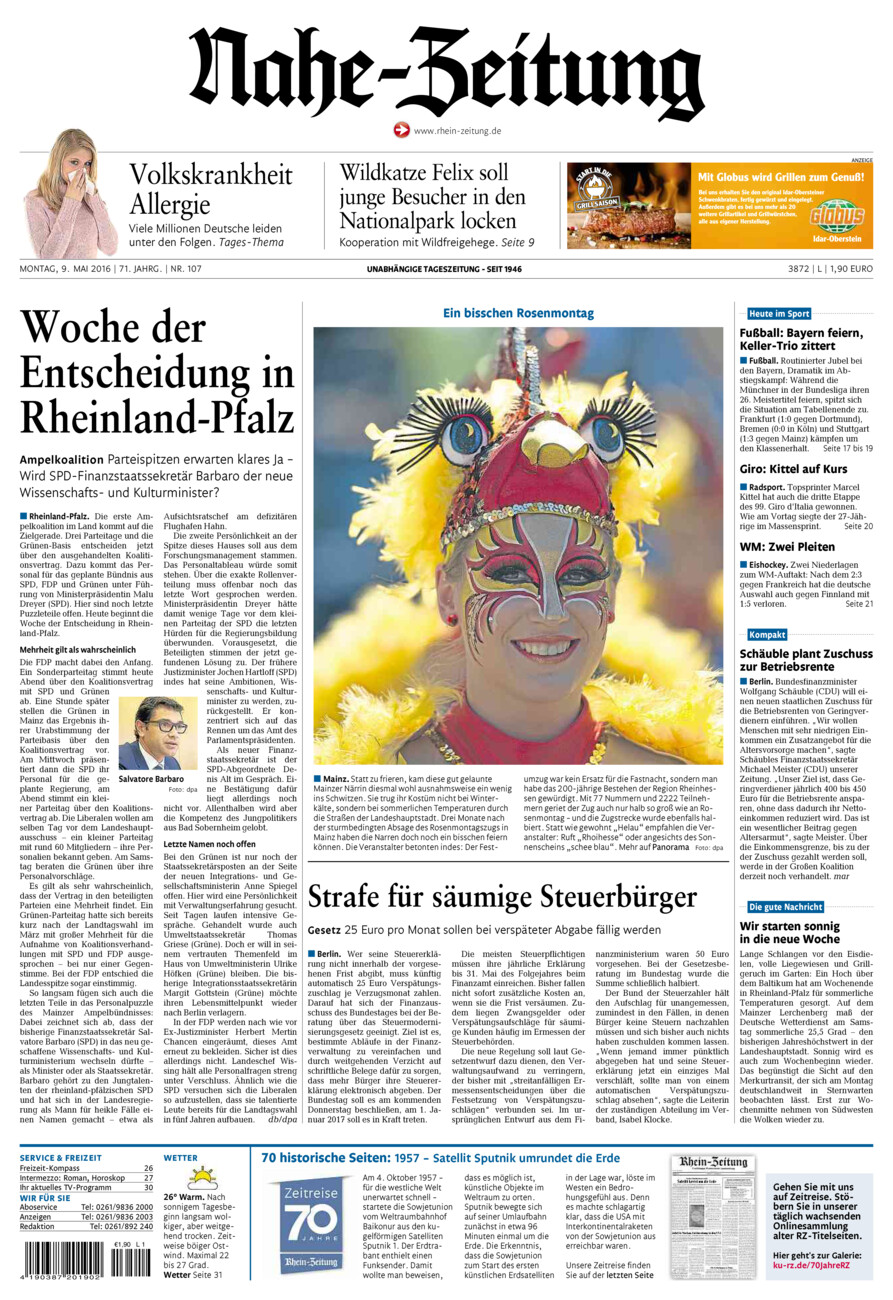 Nahe-Zeitung vom Montag, 09.05.2016