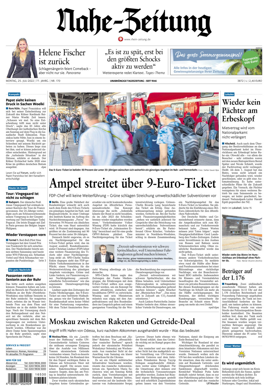 Nahe-Zeitung vom Montag, 25.07.2022