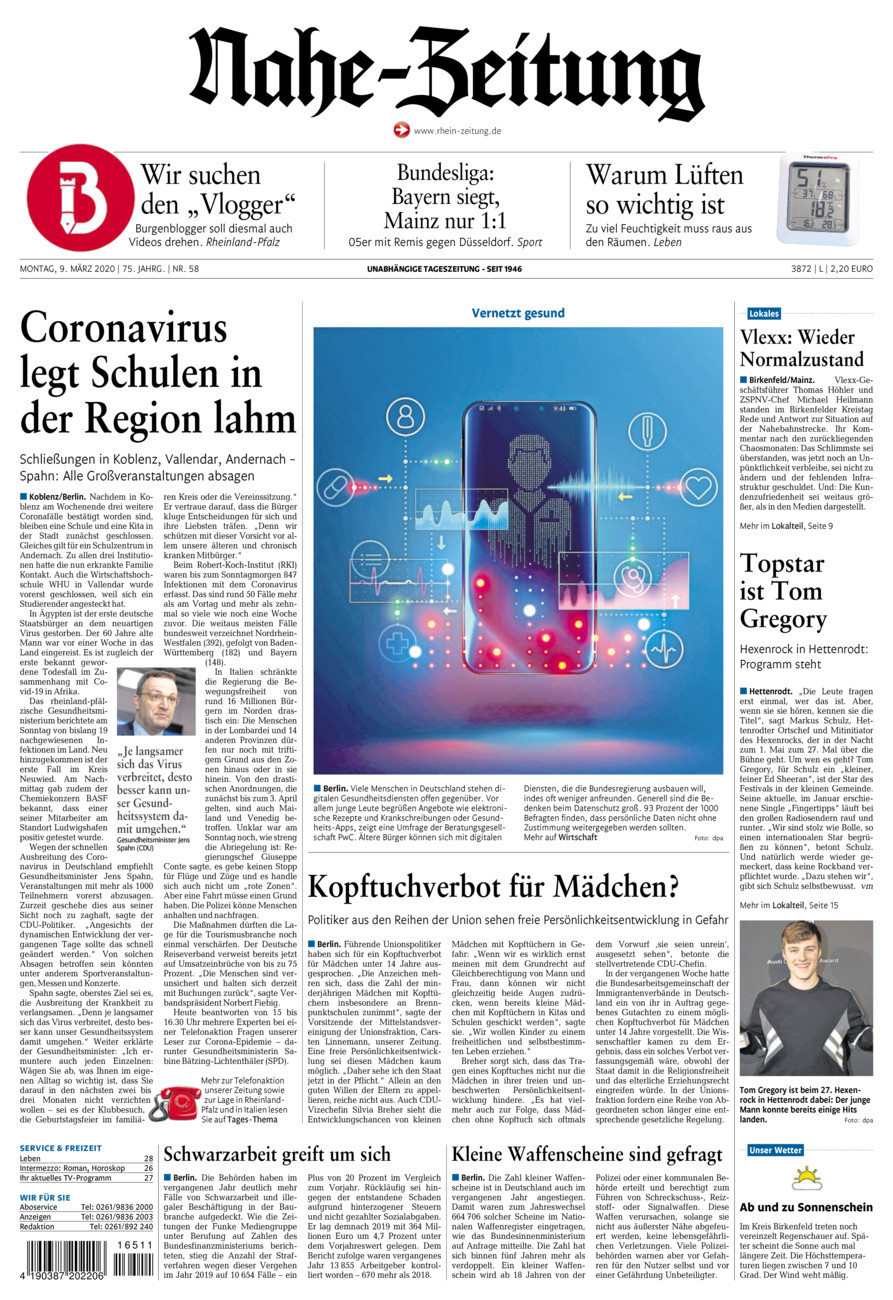 Nahe-Zeitung vom Montag, 09.03.2020