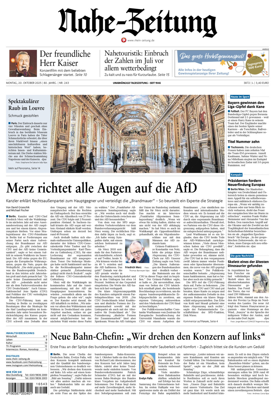 Nahe-Zeitung vom Montag, 20.10.2025
