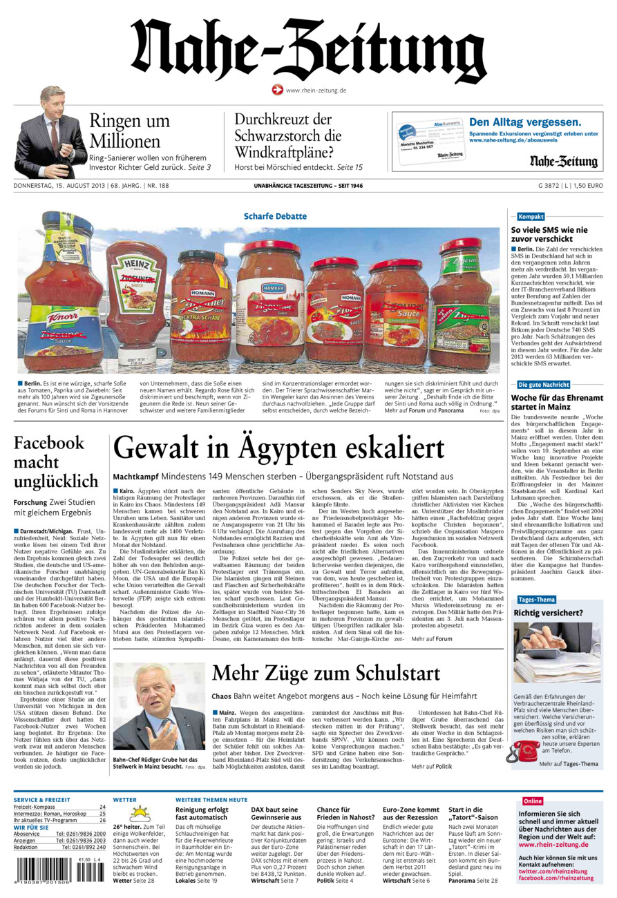 Nahe-Zeitung vom Donnerstag, 15.08.2013