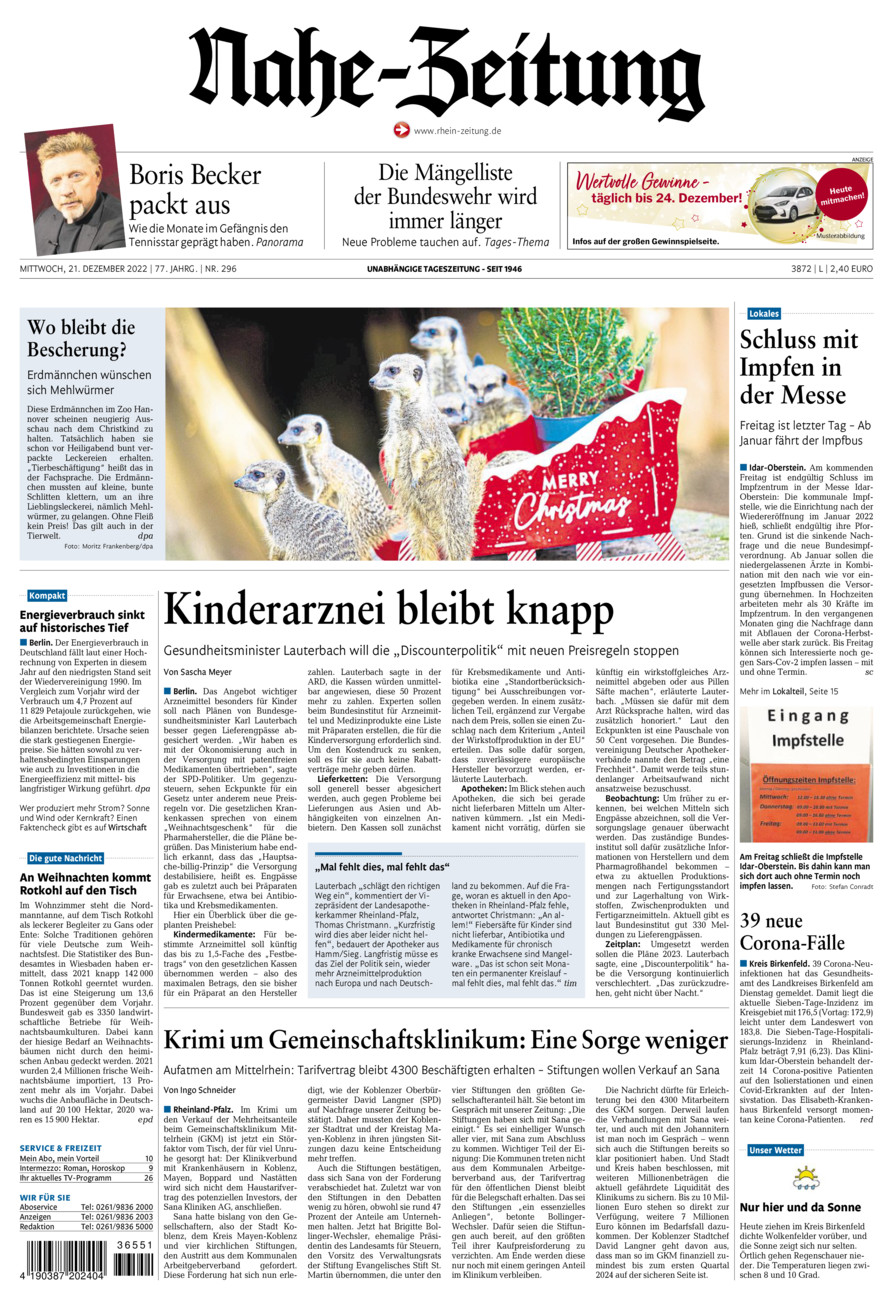 Nahe-Zeitung vom Mittwoch, 21.12.2022