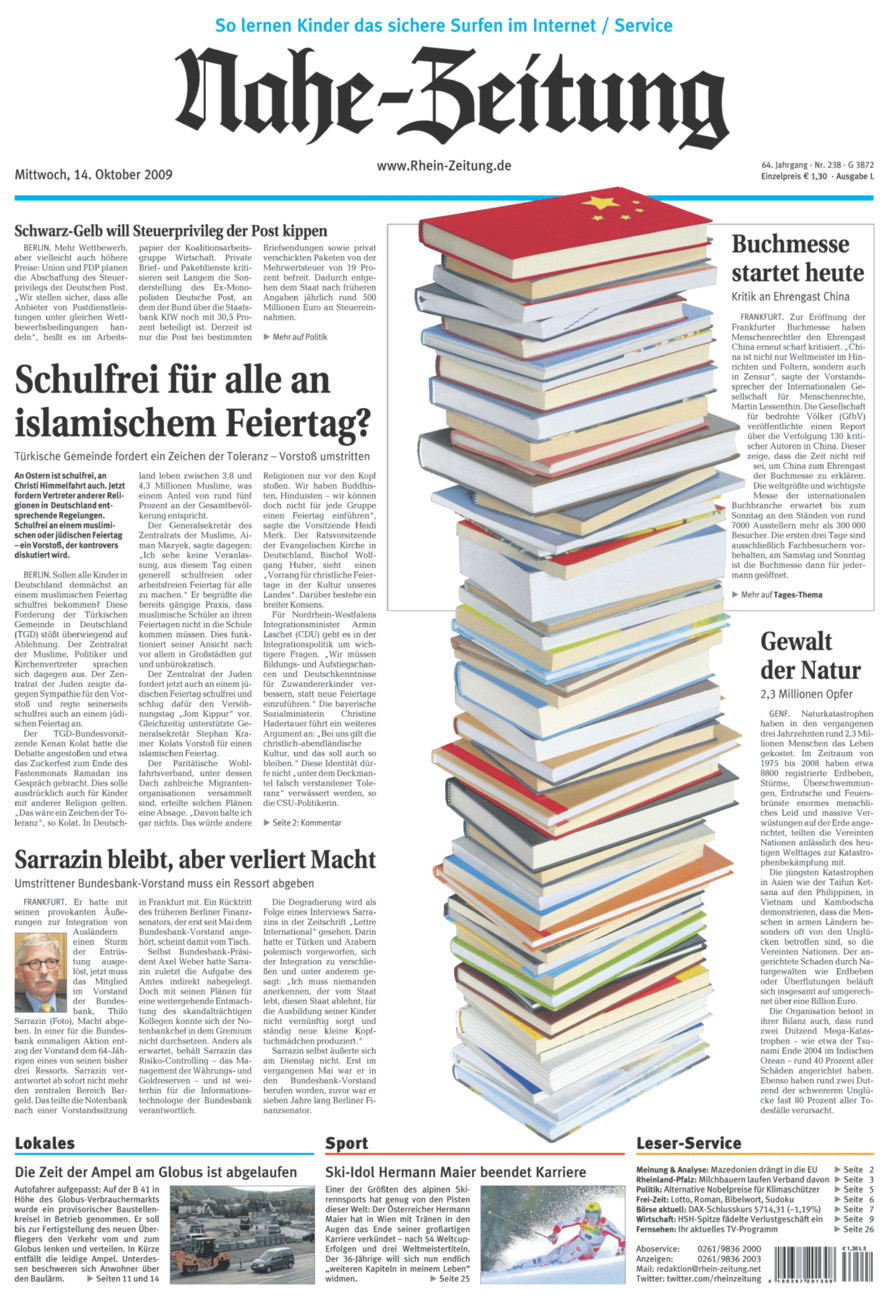 Nahe-Zeitung vom Mittwoch, 14.10.2009