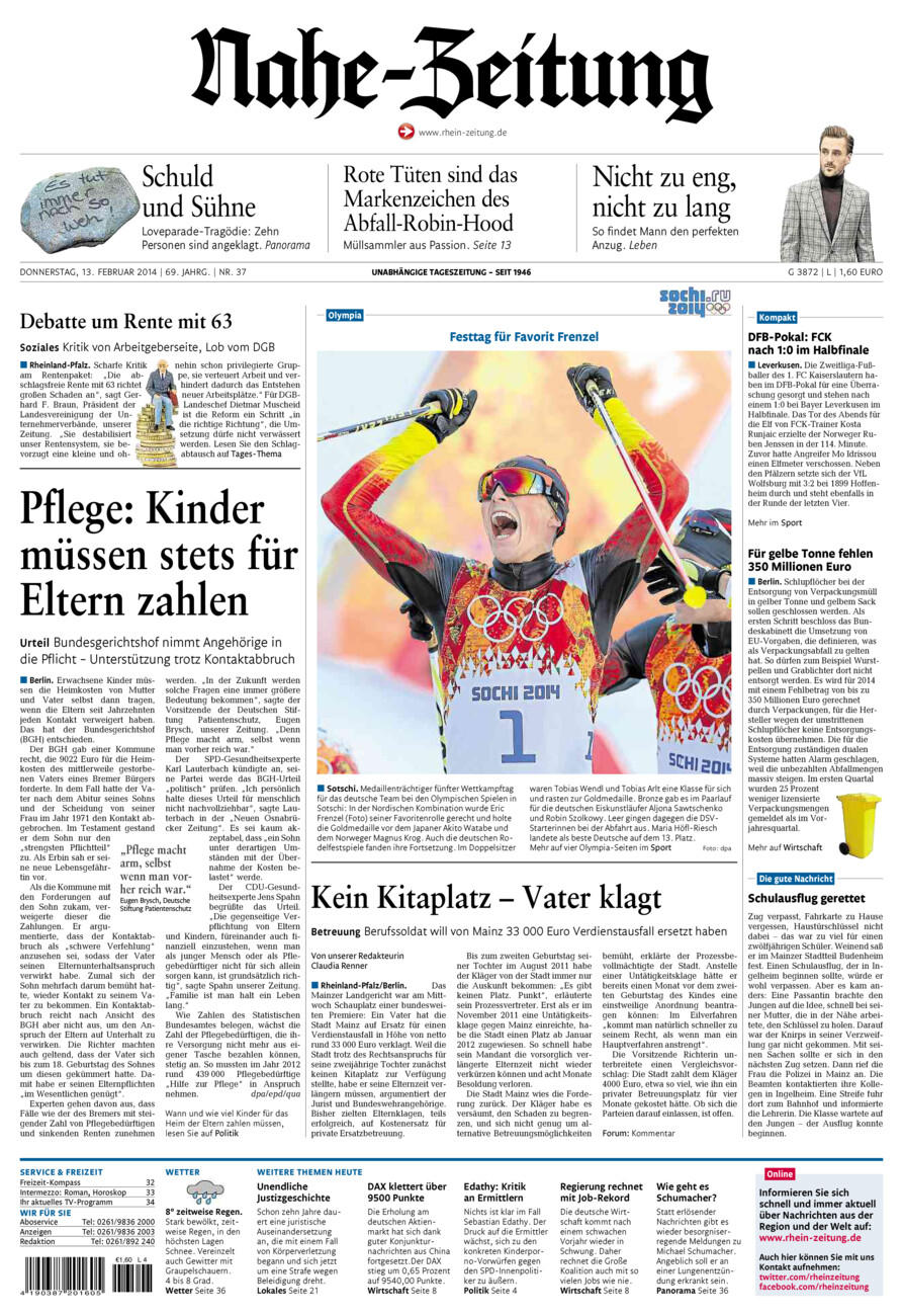 Nahe-Zeitung vom Donnerstag, 13.02.2014