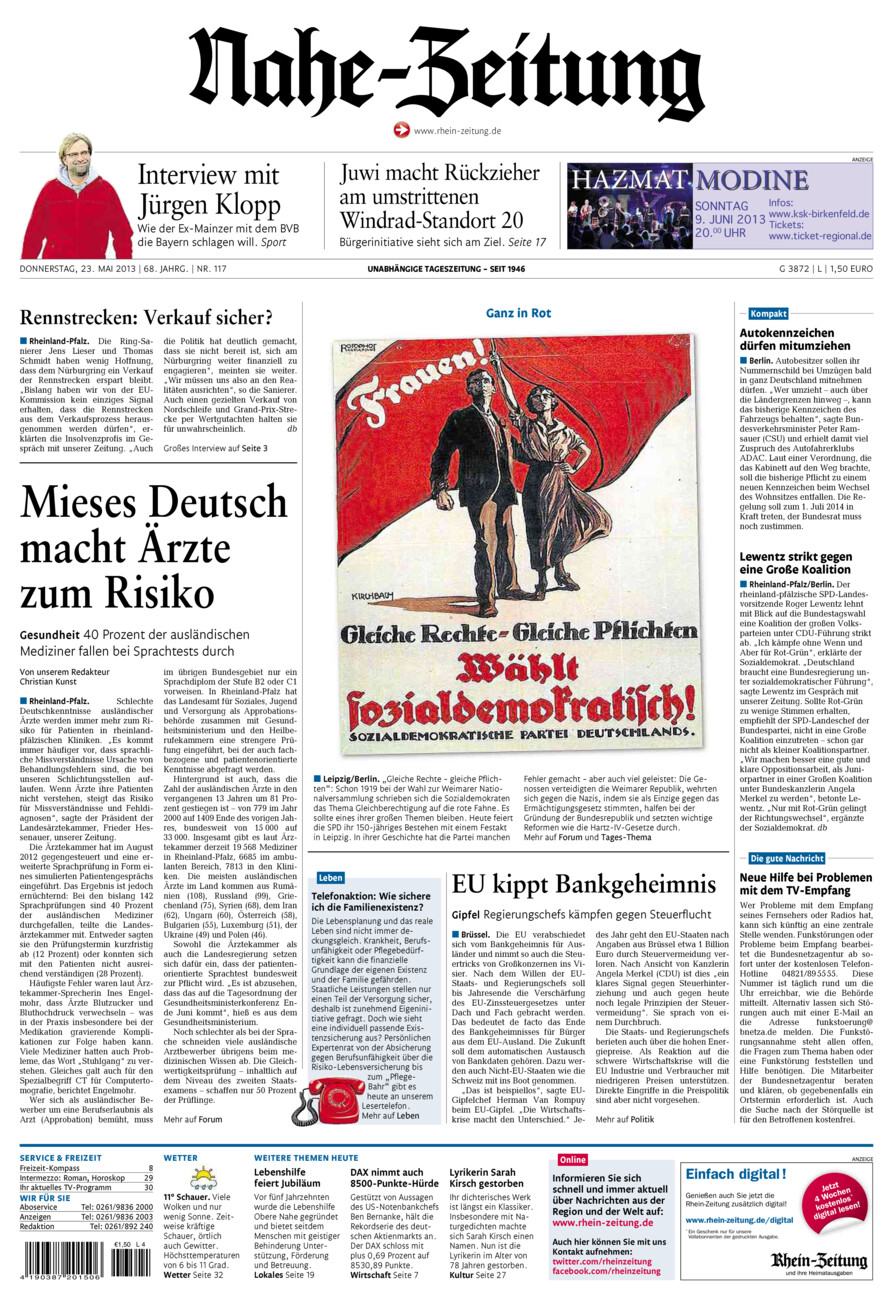 Nahe-Zeitung vom Donnerstag, 23.05.2013