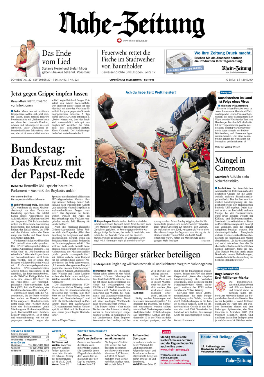 Nahe-Zeitung vom Donnerstag, 22.09.2011