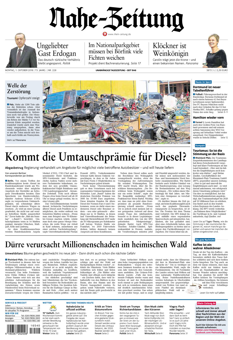Nahe-Zeitung vom Montag, 01.10.2018