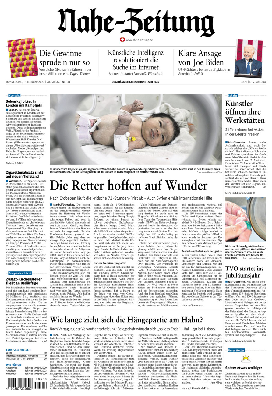 Nahe-Zeitung vom Donnerstag, 09.02.2023