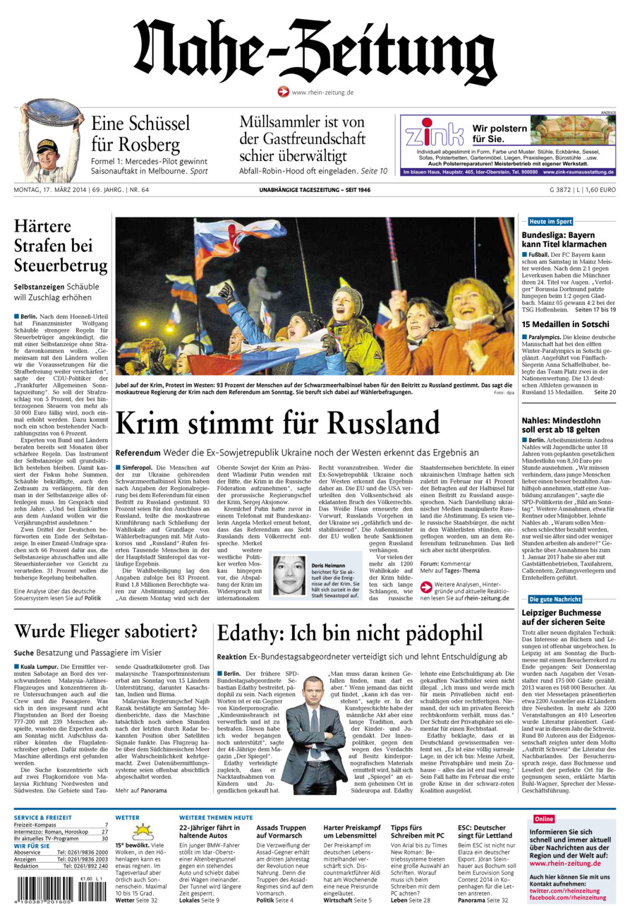 Nahe-Zeitung vom Montag, 17.03.2014