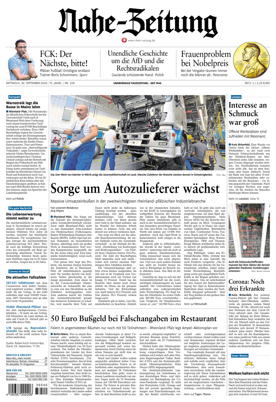 Nahe-Zeitung vom Mittwoch, 30.09.2020