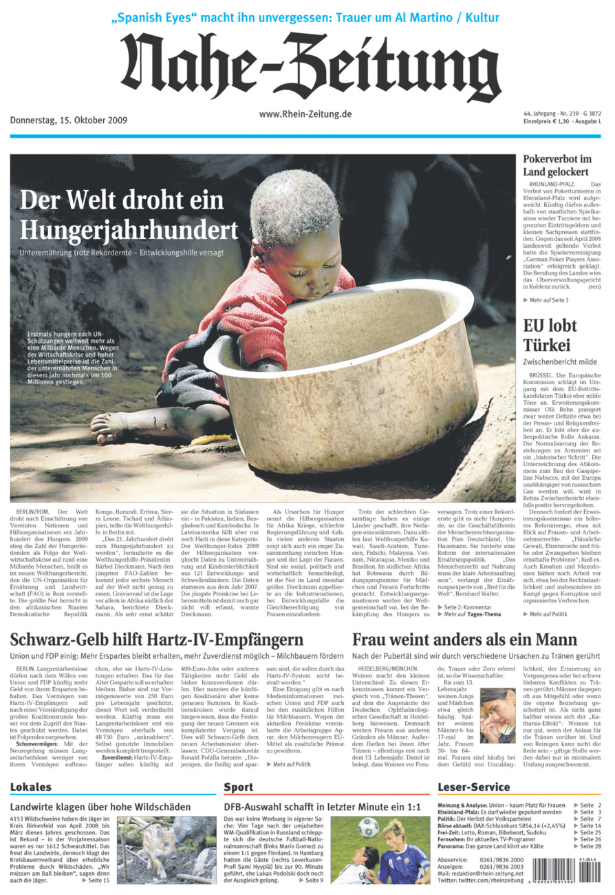 Nahe-Zeitung vom Donnerstag, 15.10.2009