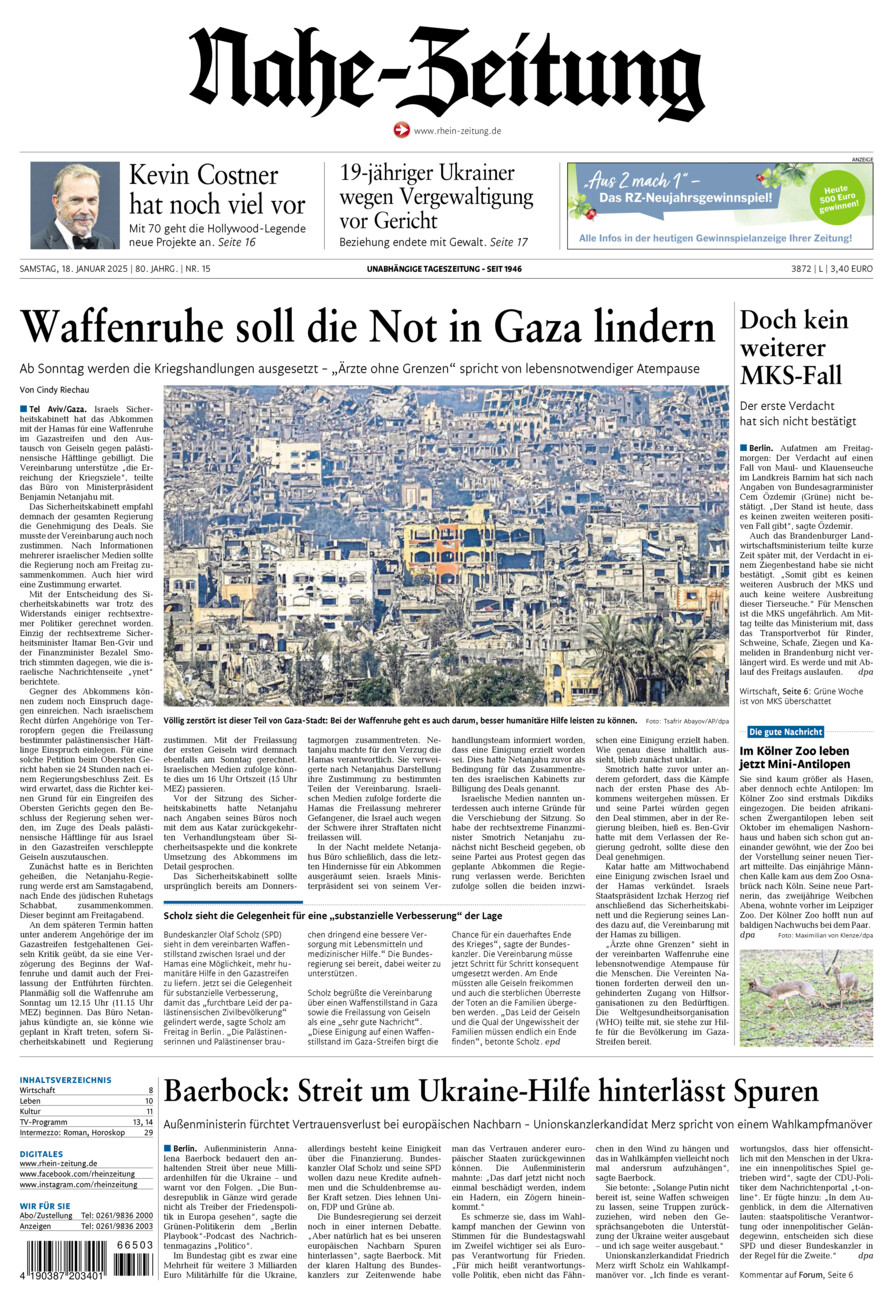 Nahe-Zeitung vom Samstag, 18.01.2025