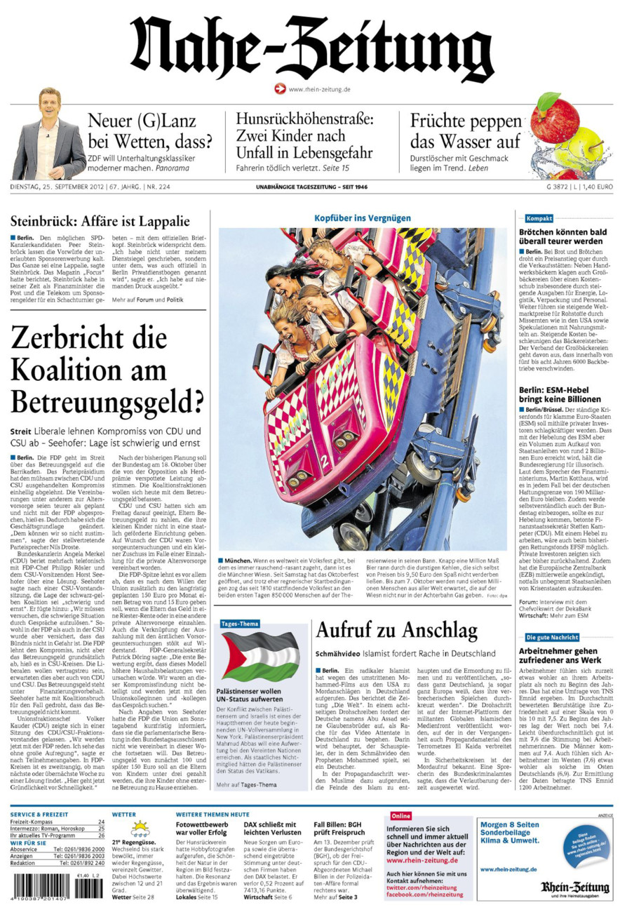 Nahe-Zeitung vom Dienstag, 25.09.2012
