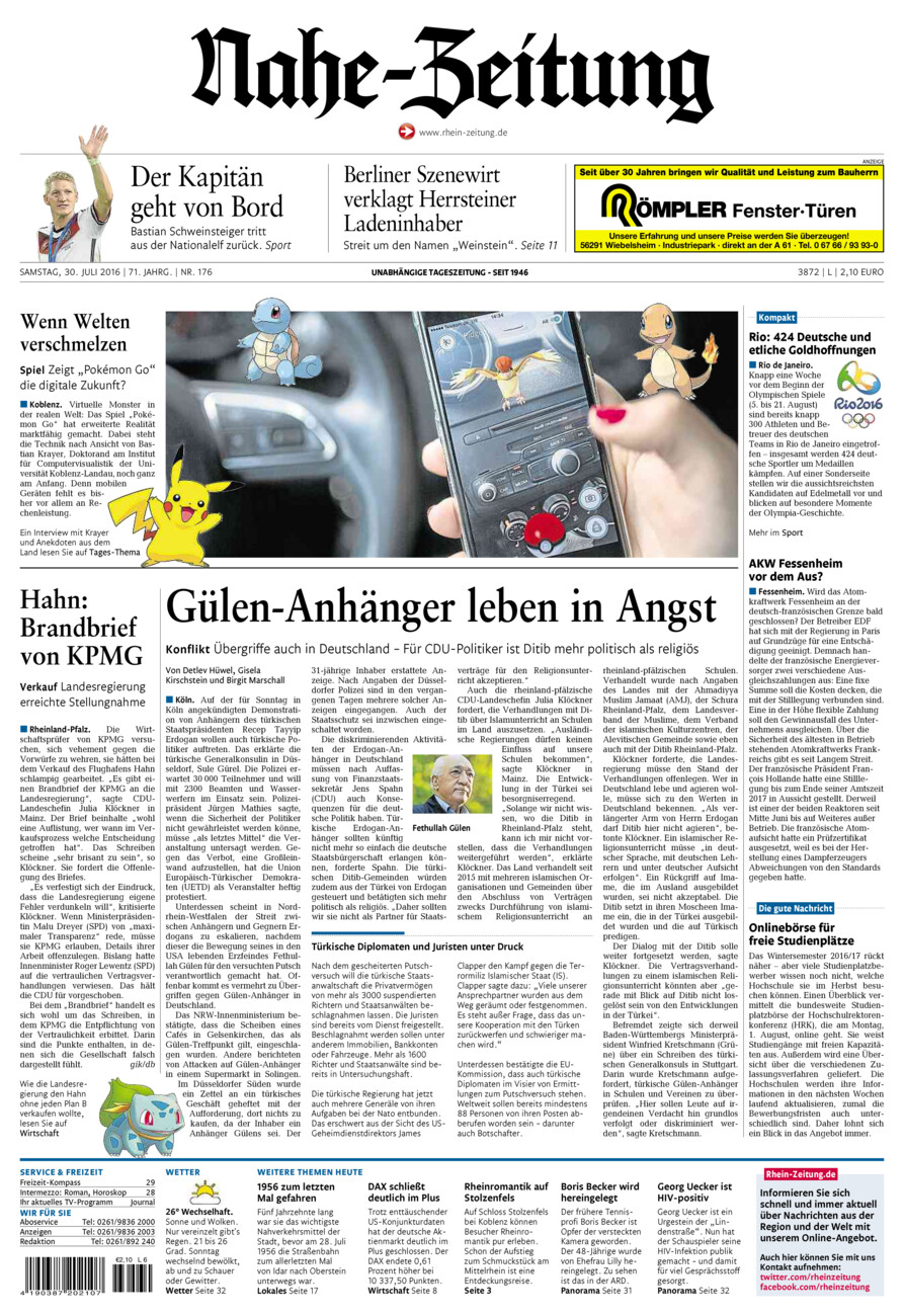 Nahe-Zeitung vom Samstag, 30.07.2016
