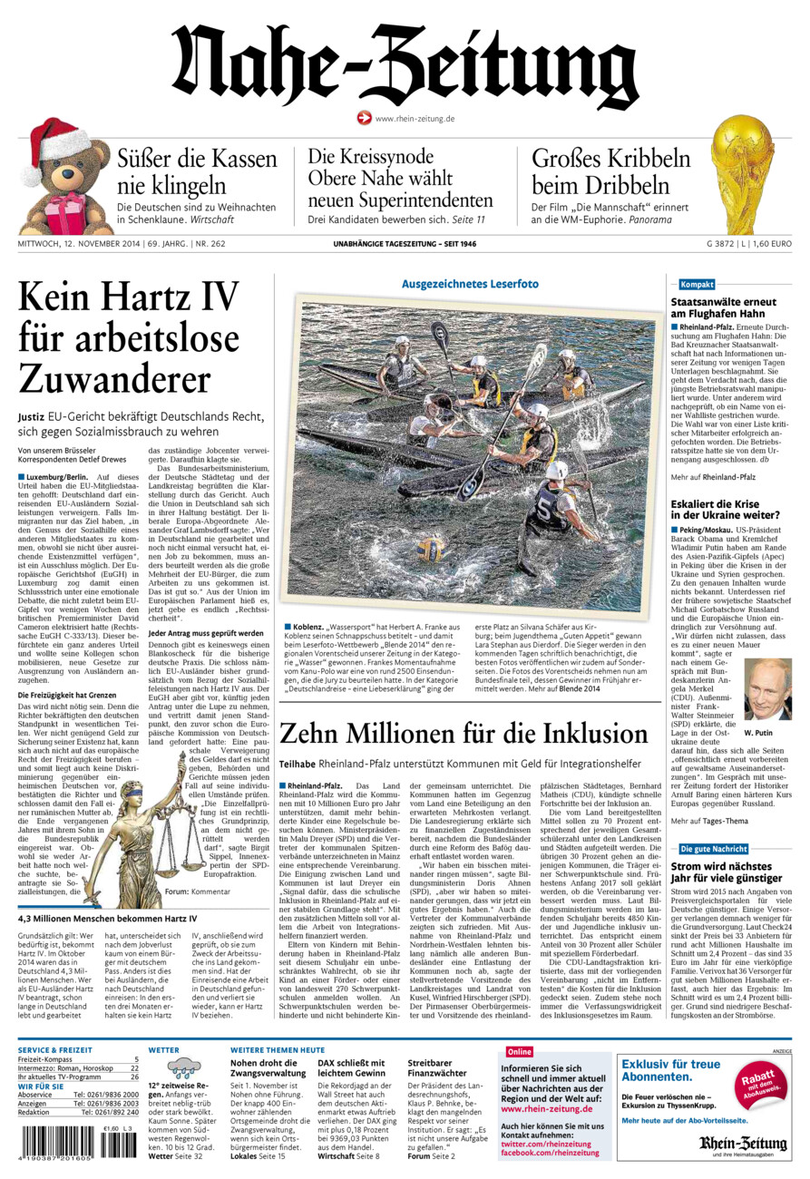 Nahe-Zeitung vom Mittwoch, 12.11.2014