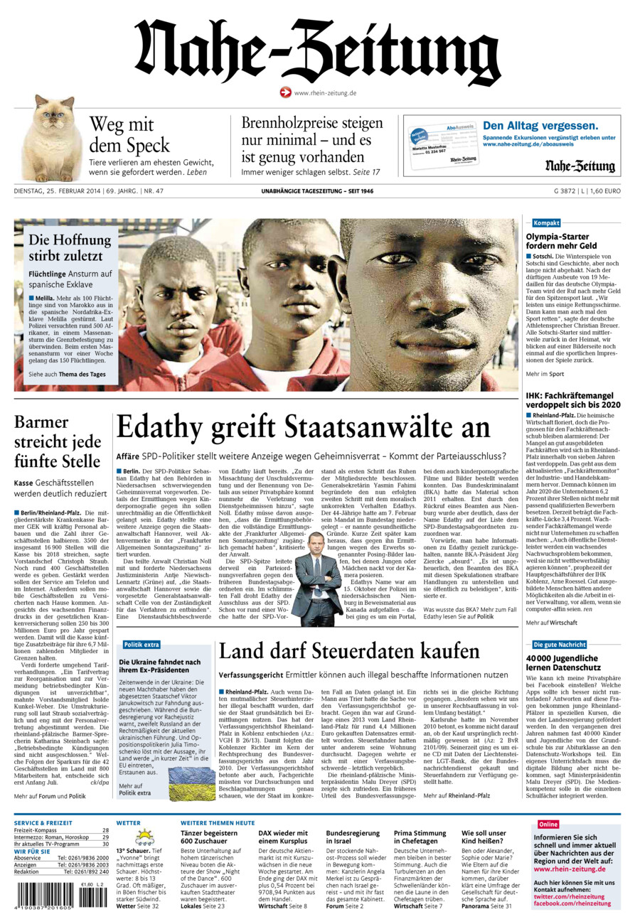 Nahe-Zeitung vom Dienstag, 25.02.2014