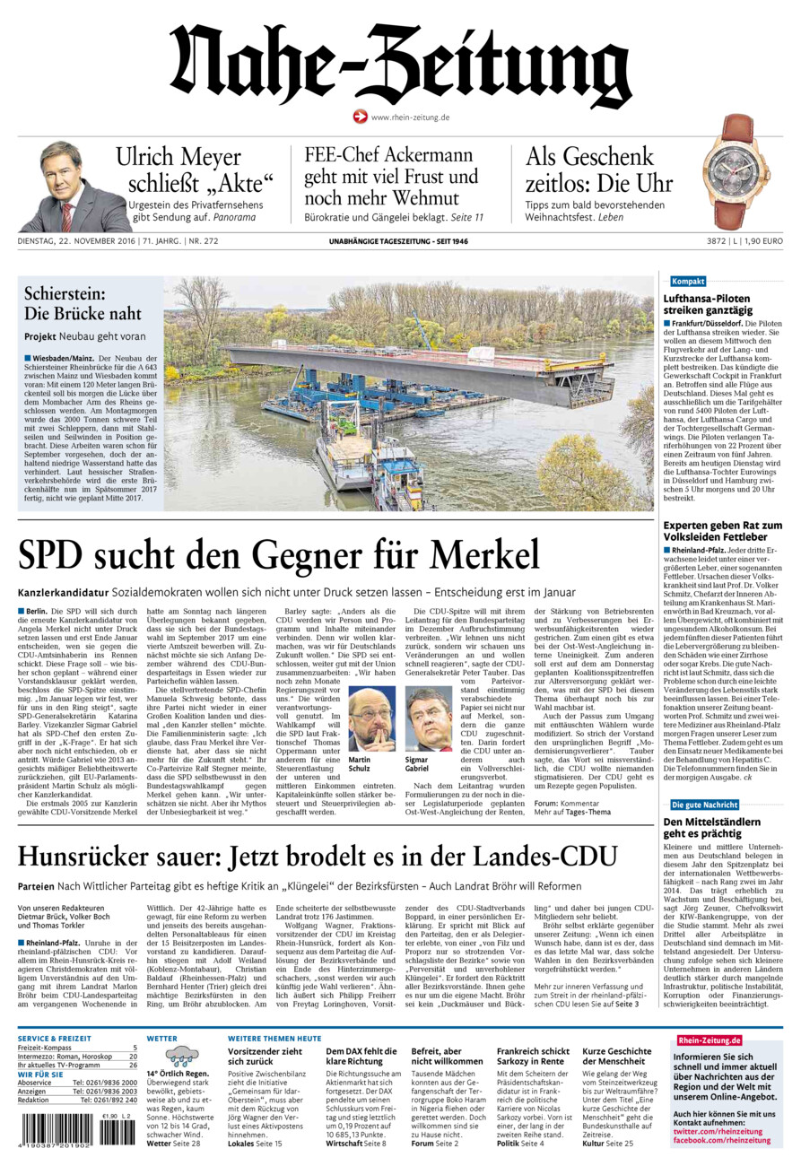 Nahe-Zeitung vom Dienstag, 22.11.2016