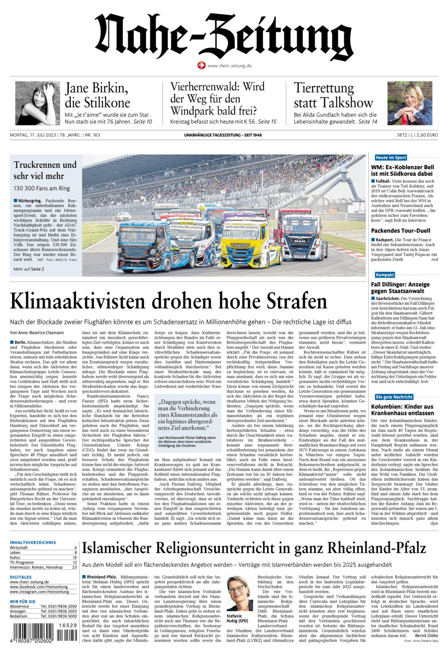 Nahe-Zeitung vom Montag, 17.07.2023