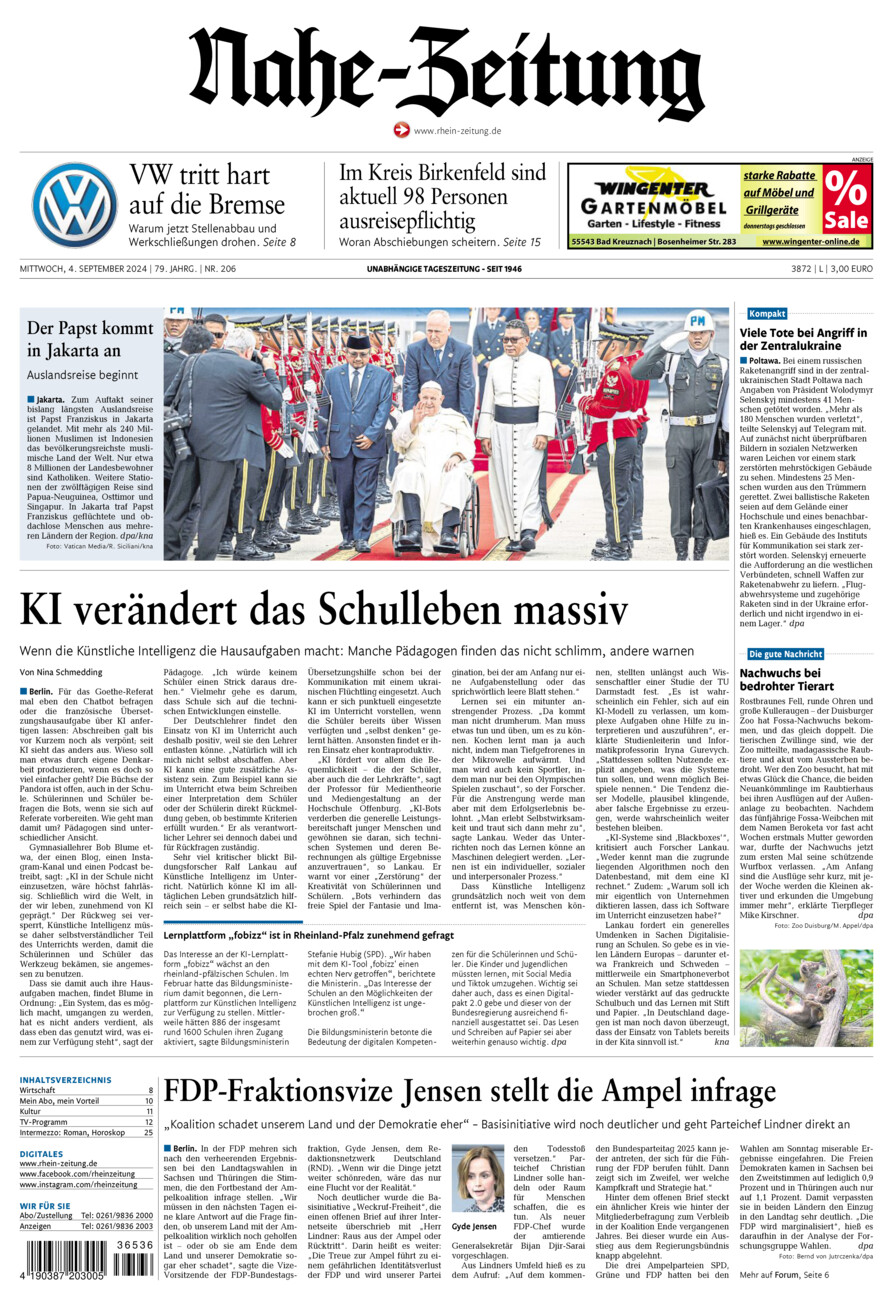 Nahe-Zeitung vom Mittwoch, 04.09.2024