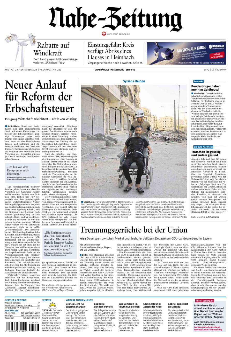 Nahe-Zeitung vom Freitag, 23.09.2016