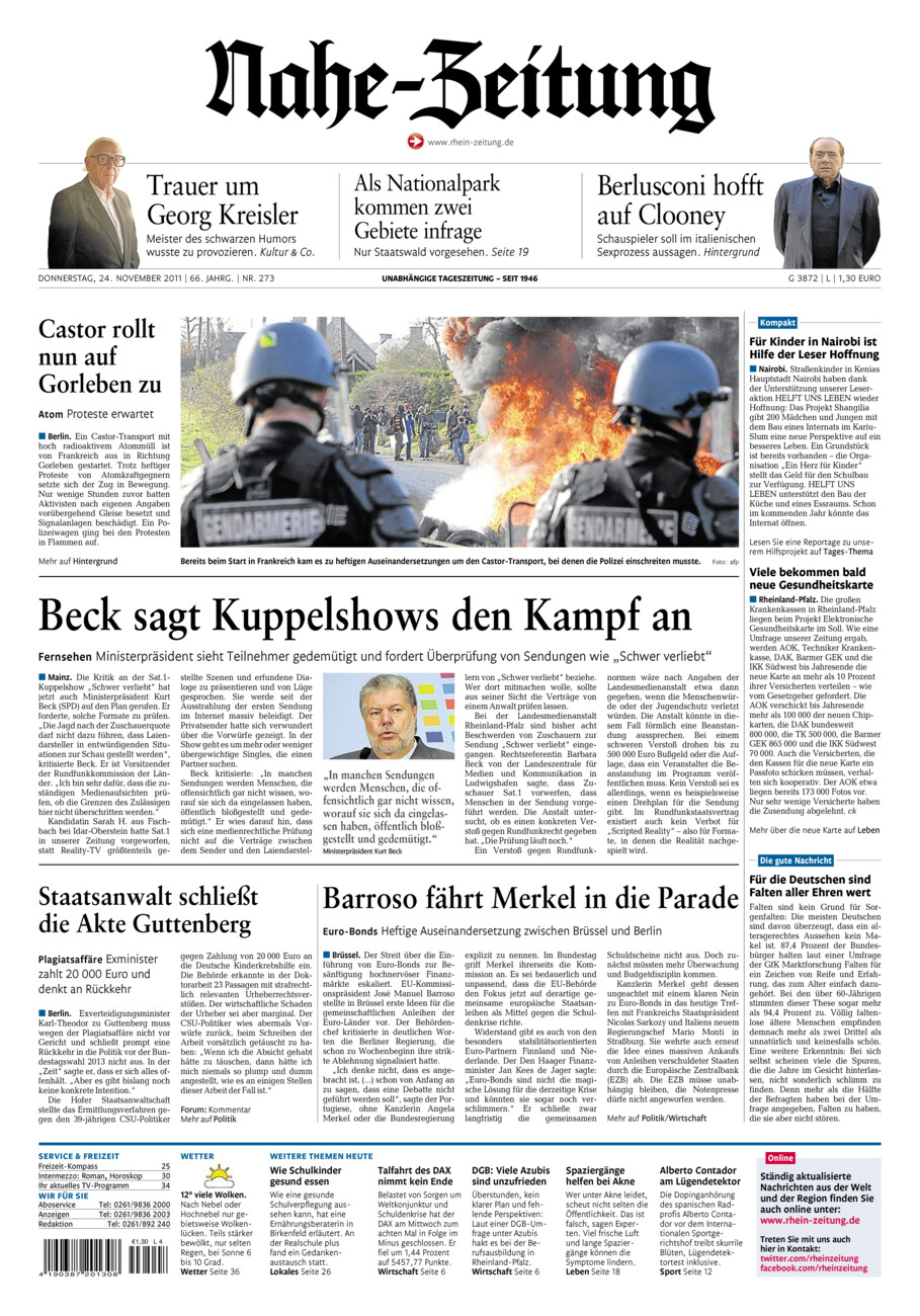 Nahe-Zeitung vom Donnerstag, 24.11.2011