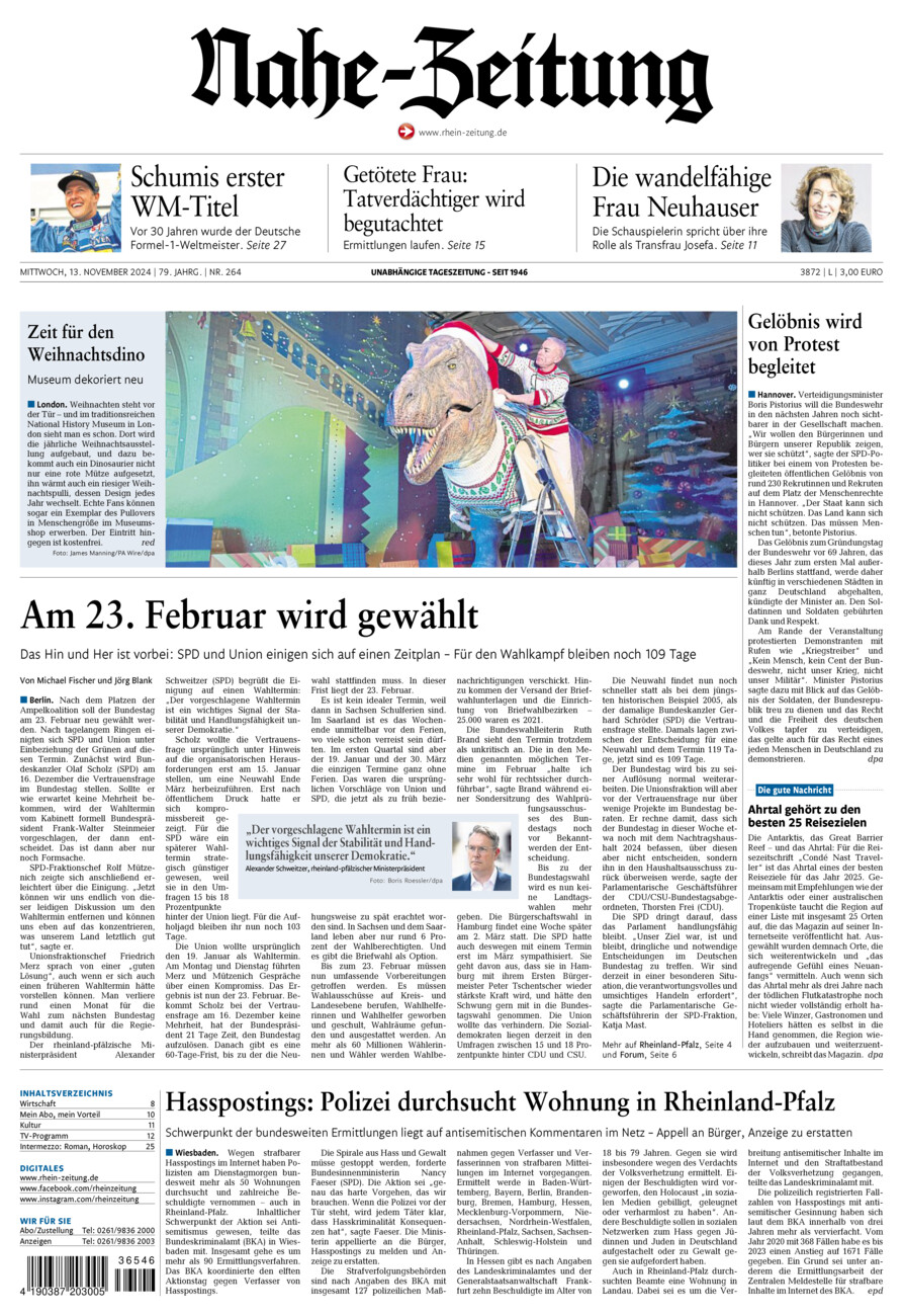 Nahe-Zeitung vom Mittwoch, 13.11.2024