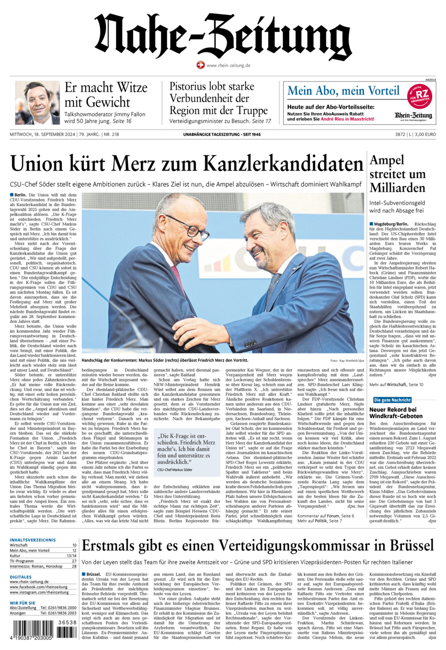 Nahe-Zeitung vom Mittwoch, 18.09.2024