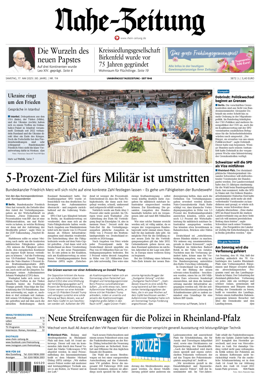 Nahe-Zeitung vom Samstag, 17.05.2025