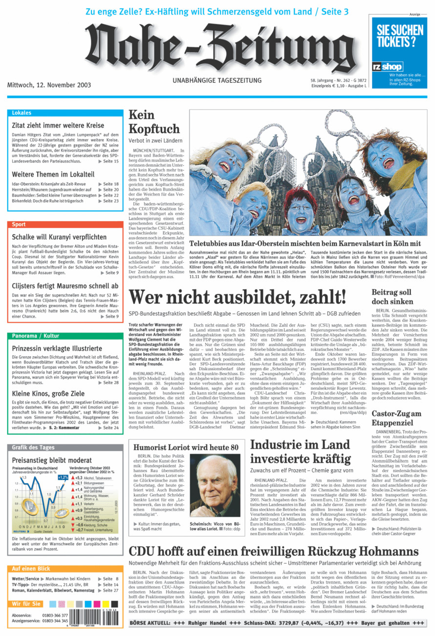 Nahe-Zeitung vom Mittwoch, 12.11.2003