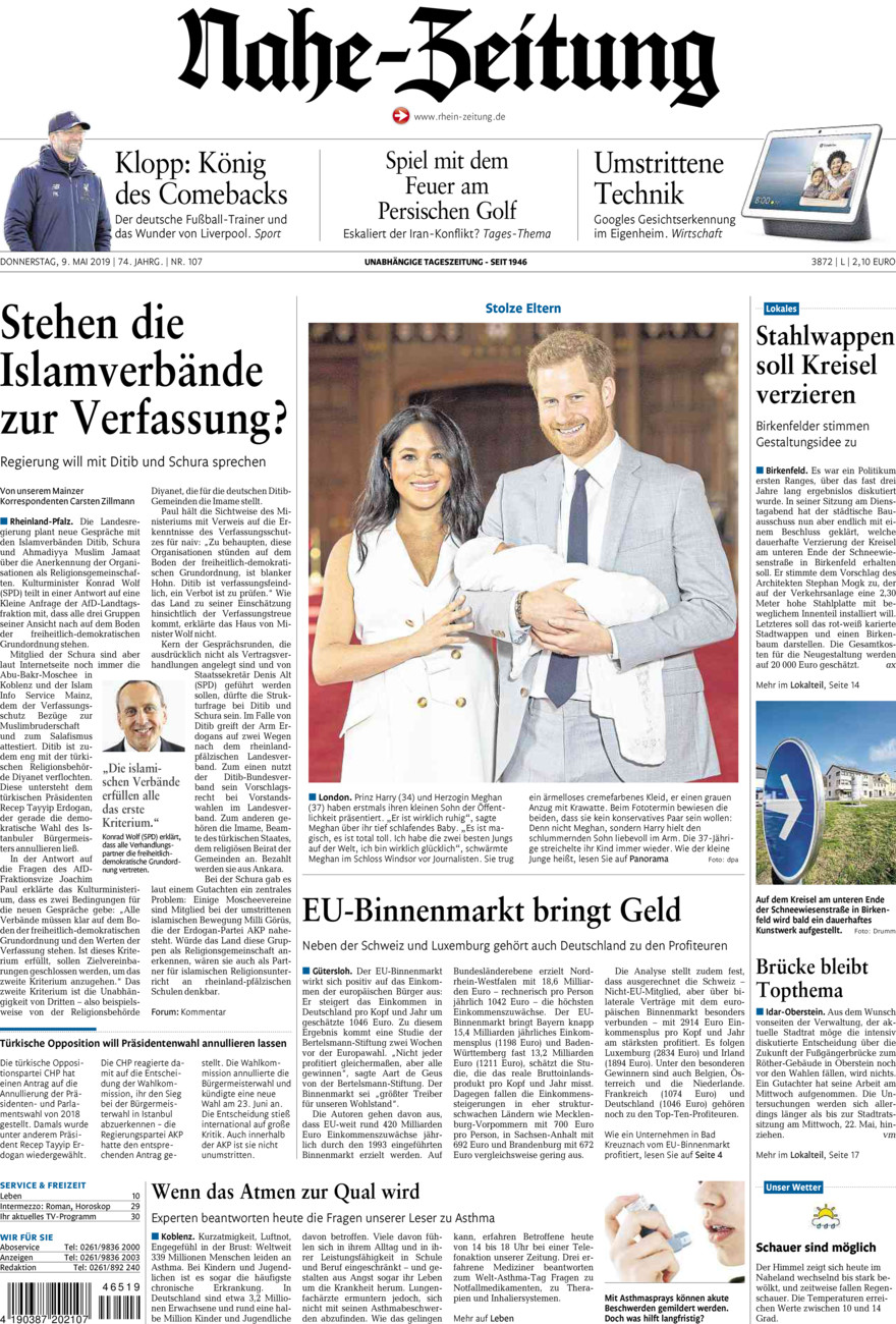 Nahe-Zeitung vom Donnerstag, 09.05.2019